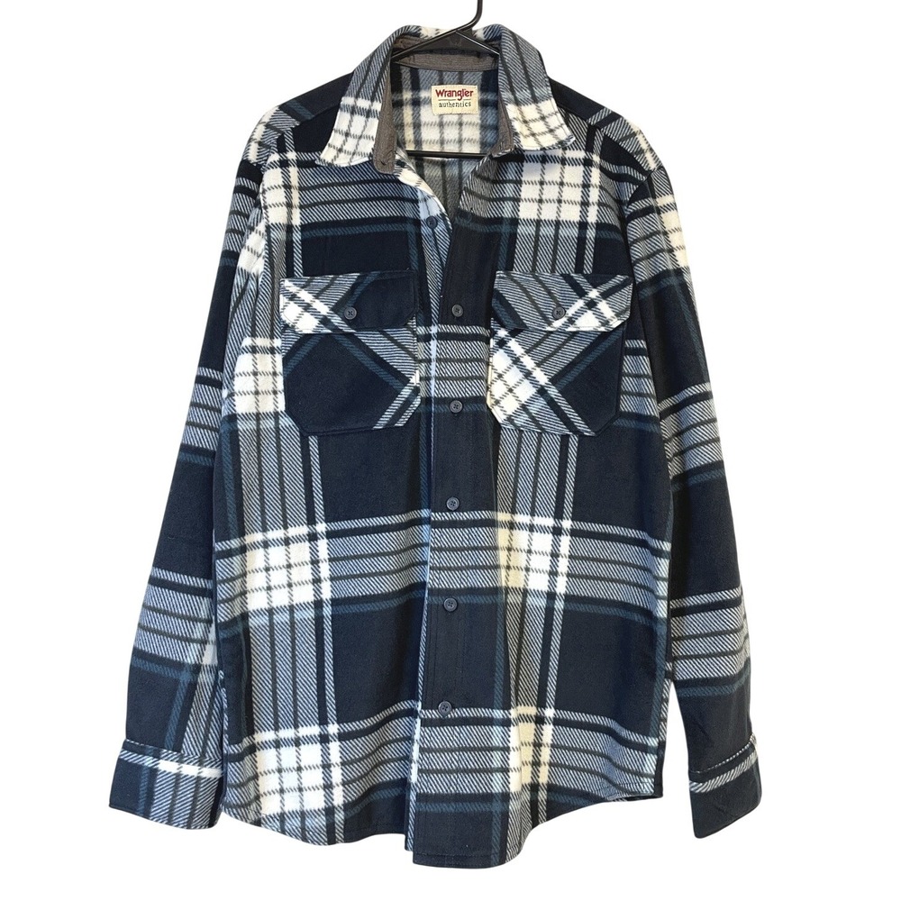 Wrangler Lightweight Fleece Plaid Button Up Shirt Jacket Shacket Navy Men M